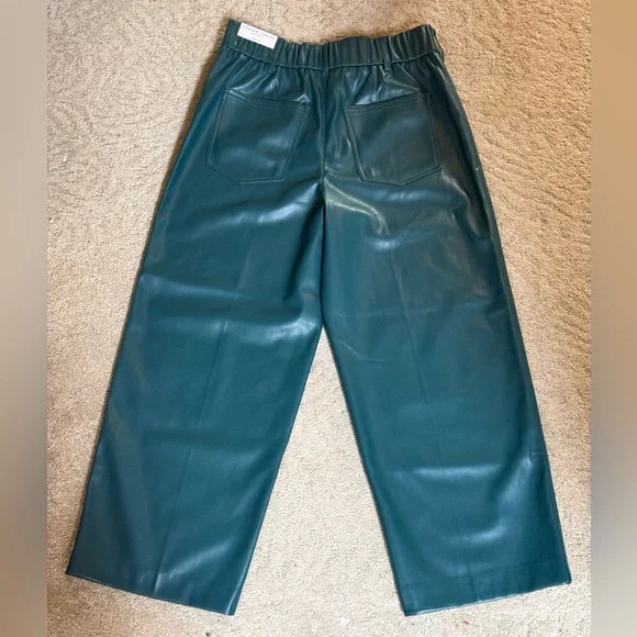 NWT-Chico's Fly Front Faux Leather Wide-Leg Cropped Pants dark green/teal color. - Picture 2 of 5